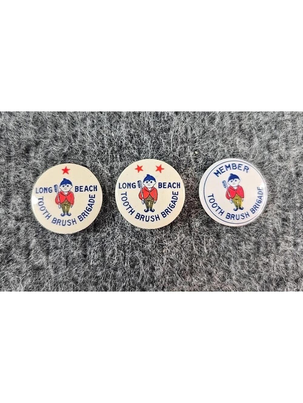 3 Tooth Brush Brigade 1940s Vintage Pinback Buttons 40s 50s Long Beach